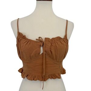 Kendall Kylie Tan Ruched Crop Top Tie Front Smocked Back Ruffle Trim Size S